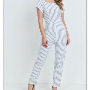 White with Black Pinstripe Short Sleeve Jumpsuit